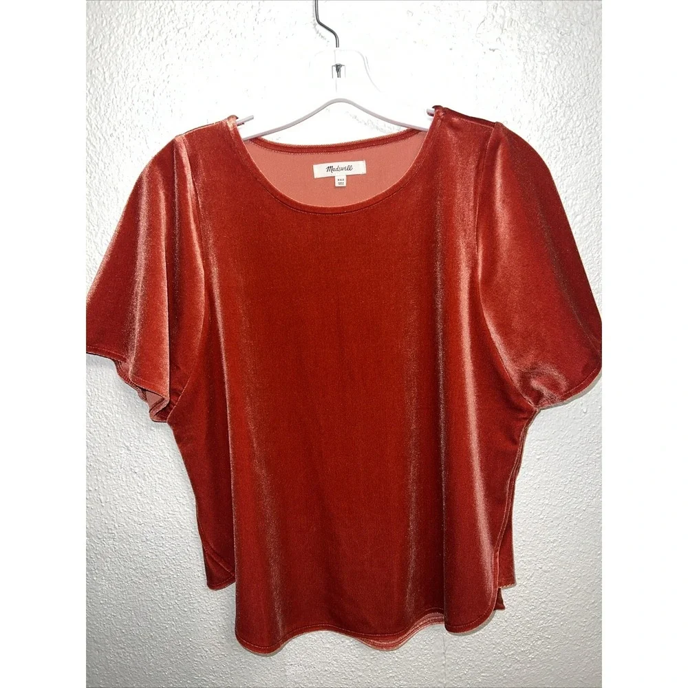Madewell Burnt Orange Velvet Butterfly Sleeve Top Scalloped Hem XXS K4376